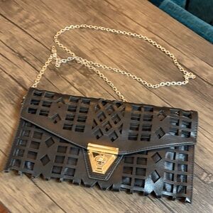 MMS Design Studio Black Laser-Cut Envelope Clutch with Gold Chain